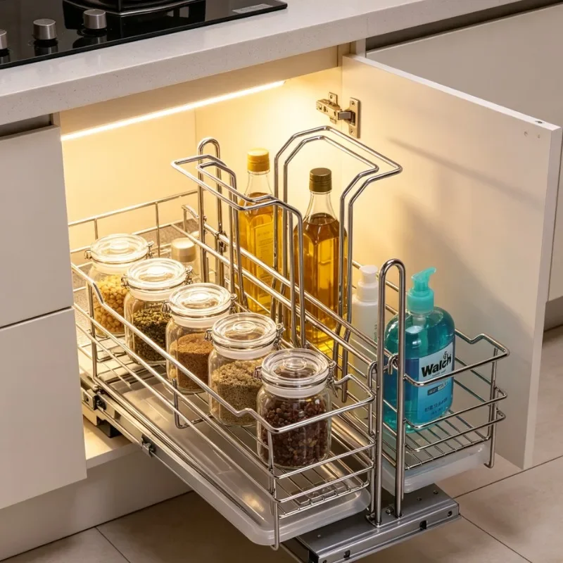 Stainless Steel Kitchen Sink Storage Shelf Modern Removable Sink Storage Rack Pull Out Creative Storage Basket Kitchen Organizer
