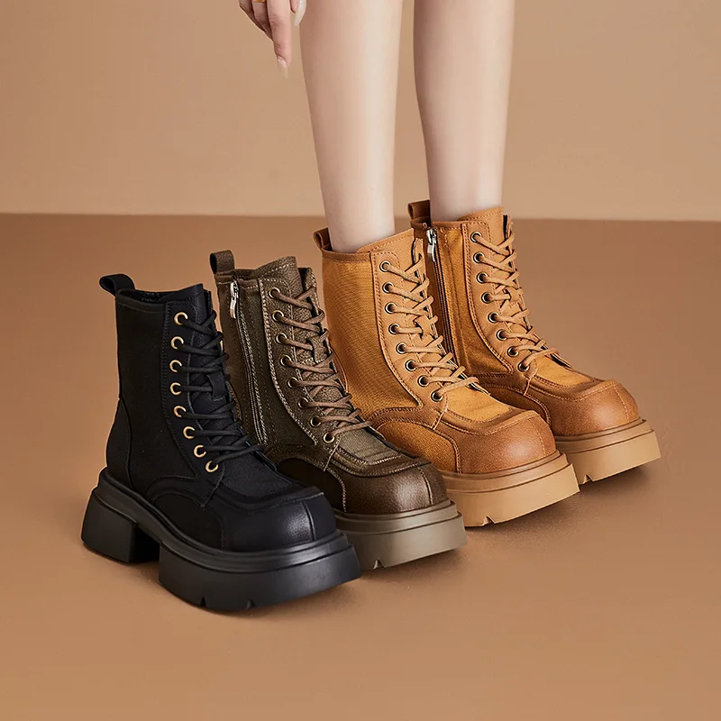 

Короткие сапоги 2021, новые желтые сапоги в британском стиле в стиле ретро для женщин, женские ботинки из натуральной кожи на толстой подошве, женские ботинки на шнуровке