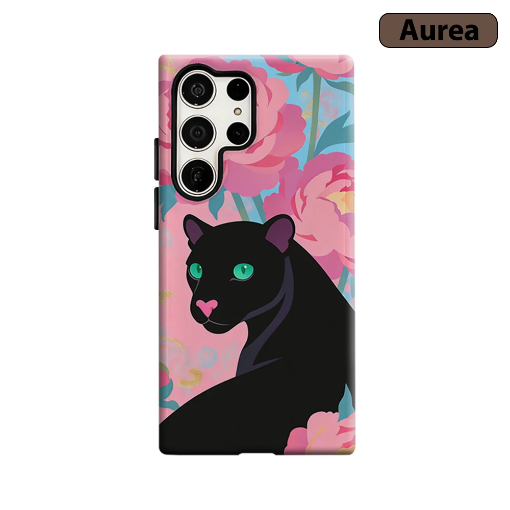 Black Panther Peony Phone Case for Samsung Galaxy S26 S25 Ultra S24 S23 Ultra Plus Shockproof Double layer tough Back Cover
