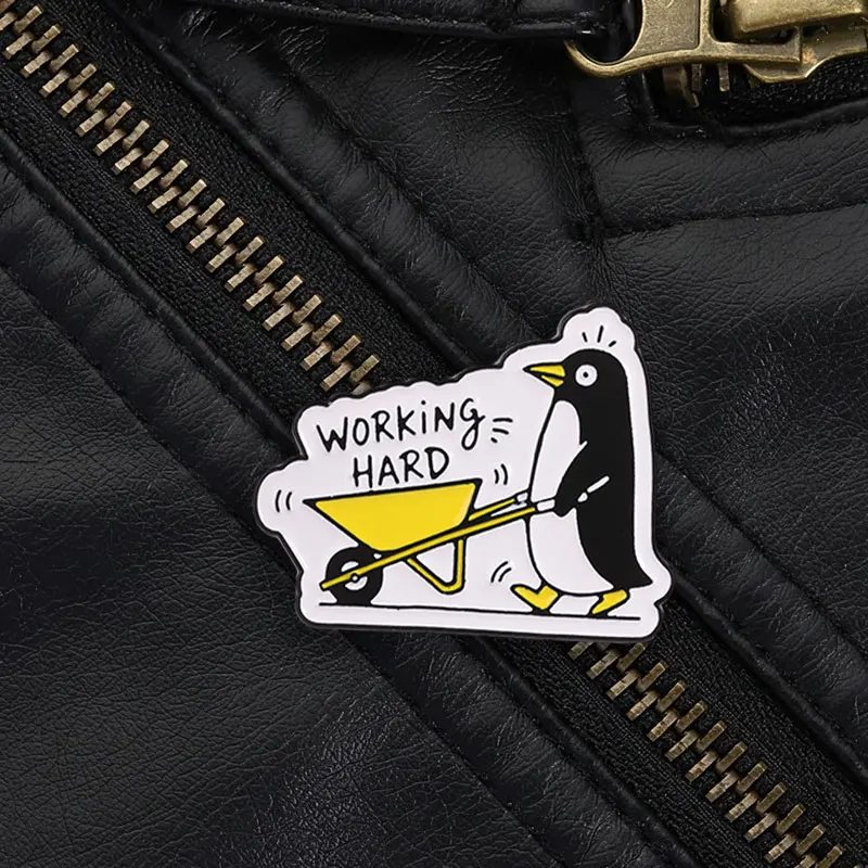 Penguin Pushing Cart Working Hard Enamel Pin, Funny Worker Brooch For Tired Employees And Casual Office Style