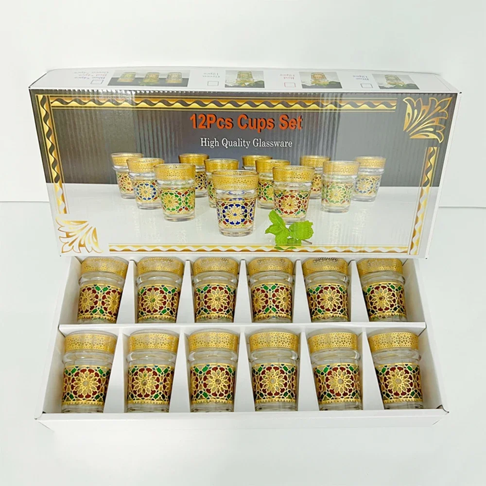 Arabic luxury style glass cup, Moroccan glass roasted flower tea cup, Home beer mug, Arabic Restaurant Coffee Cup, 12-piece set