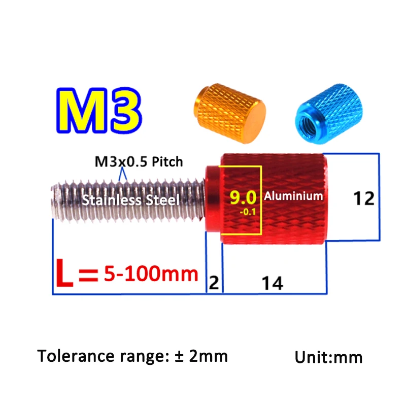 1pc M3x5/8/10/12/15/18/20/25/30/35/40-100mm Colorful Aluminium Alloy Stainless Knurled Thumb Screw Hand Grip Knob Bolt Anodized