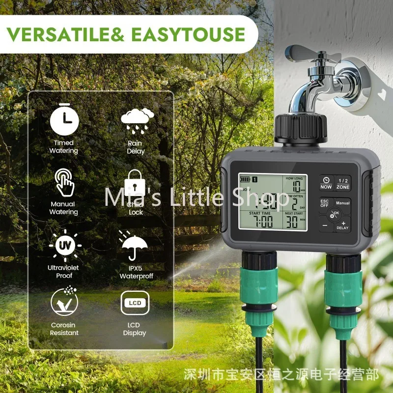 Programmable Water Timer, Dual Outlet Hose Faucet Controller, Battery Operated Automatic Irrigation System for Garden Lawn