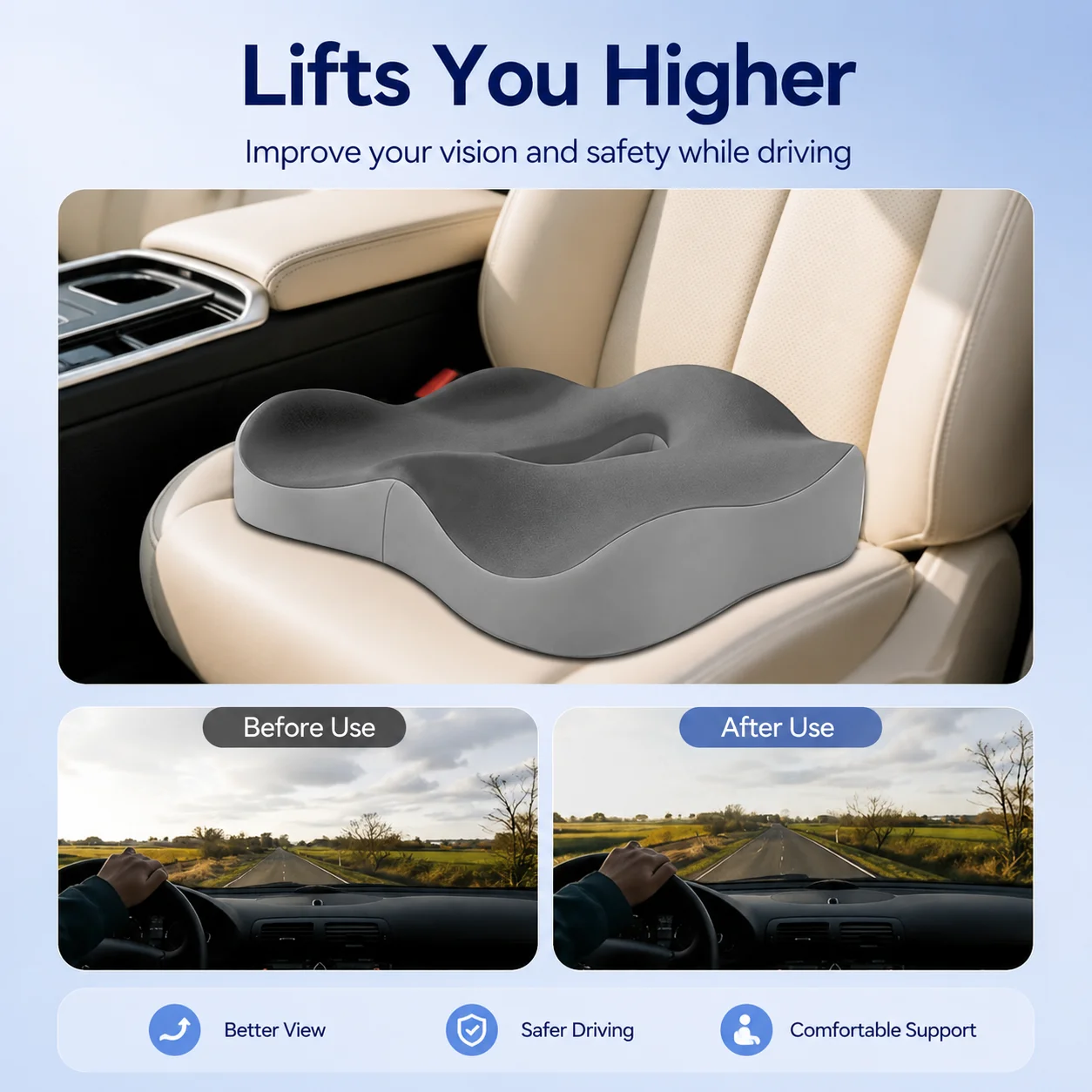 Ergonomic Memory Foam Seat Cushion for Office Chair, Car Seat & Wheelchair, Breathable Coccyx & Tailbone Support Pad with Washable Non-Slip Cover for Long Sitting Comfort, Pressure Relief for Home, Travel and Daily Use for Adults and Seniors