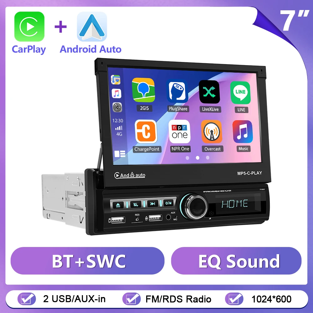 Podofo 1 Din autoradio draadloze CarPlay/Android Auto 7 inch intrekbaar touchscreen auto flip-out MP5 multimediaspeler