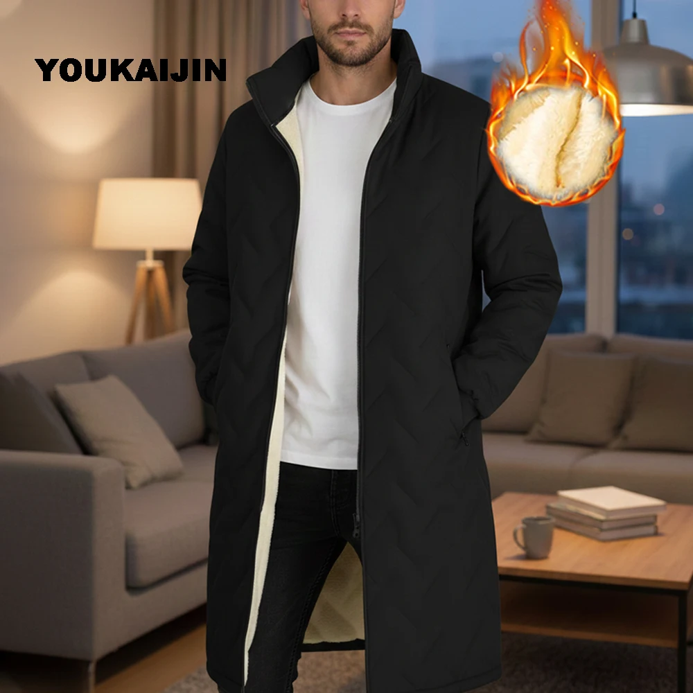 

Winter Men Long Jacket Casual Windproof Thick Warm Fleece Lined Parka Solid Color Loose Outwear Coat Male Thermal Outwear