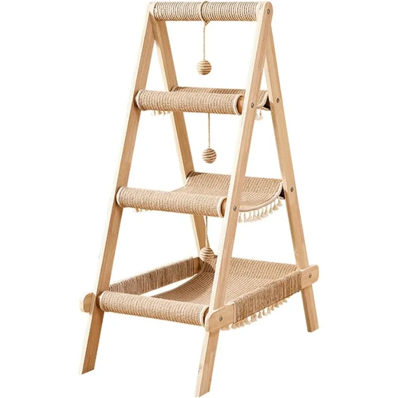 

SHENGOCASE 3-Tier Modern A Frame Wooden Cat Tree Tower Ladder with Multi-Level Bed Hammock for Large Cat and Sctatching Post, Ha