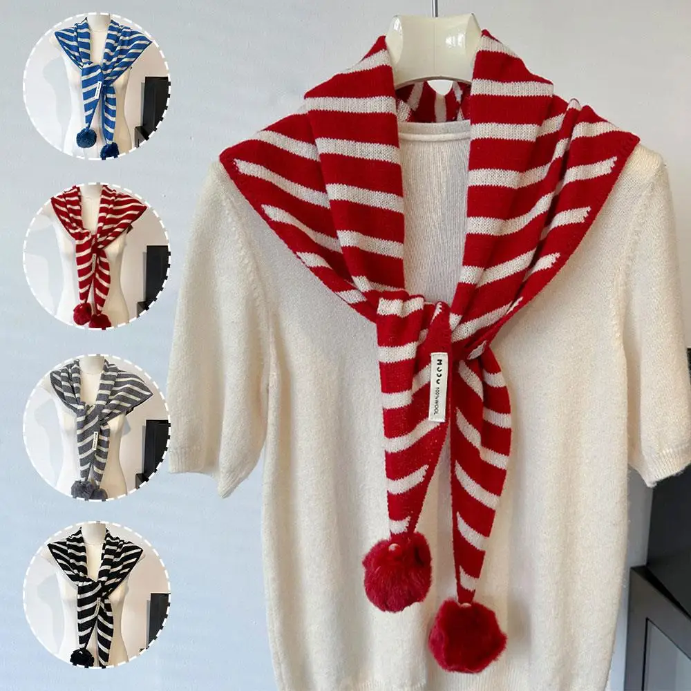 100 % Wolle, abnehmbarer Fell-Bommel-Schal, klassischer britischer gestreifter Dreiecksschal, multifunktionaler gestrickter Wollschal, warmes Kopftuch