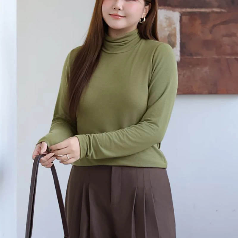 Camiseta XXXL de talla grande a la moda para mujer, camisetas ajustadas de cuello alto de Color sólido Premium, camisetas de manga larga suaves francesas para ir al trabajo 8808