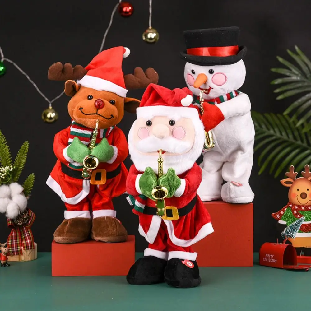Babbo Natale Natale Peluche Pupazzo di neve Alce Divertente bambola di peluche elettrica che soffia ornamenti per sassofono Danza Canto Giocattoli di peluche