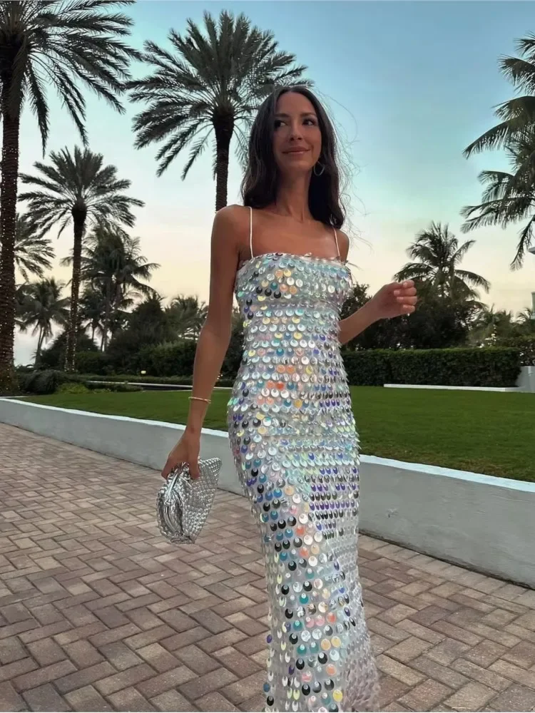 Beaded Irregular Slip Dress Sequin Holiday Halter Boho Long Dresses Sparkling Sexy Backless Slim Fit Suspender Evening Robes