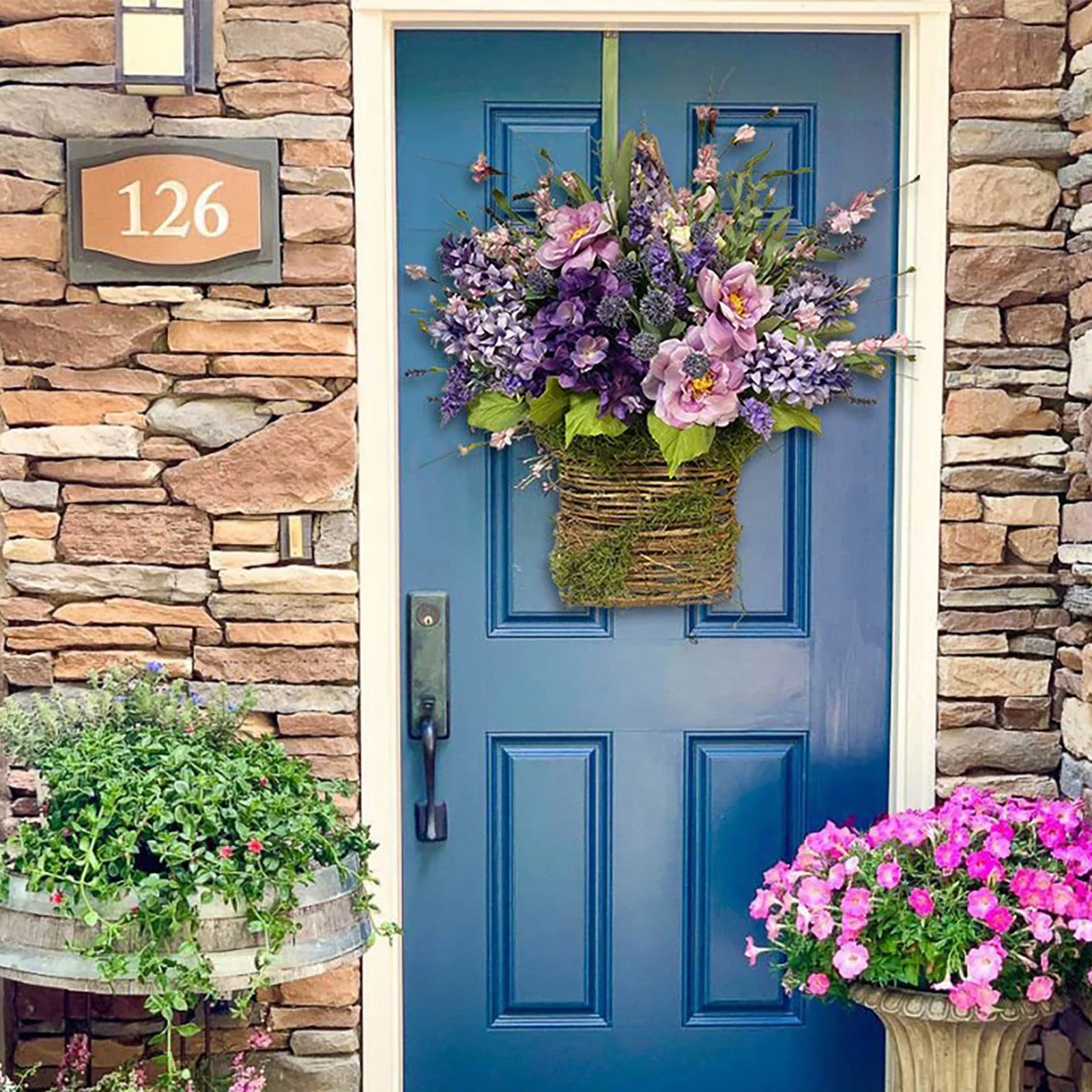 Lavender Wreaths for Front Door Decor Spring Wreath Farmhouse Door Hanging Artificial Lavender Flower Baskets Spring Garland