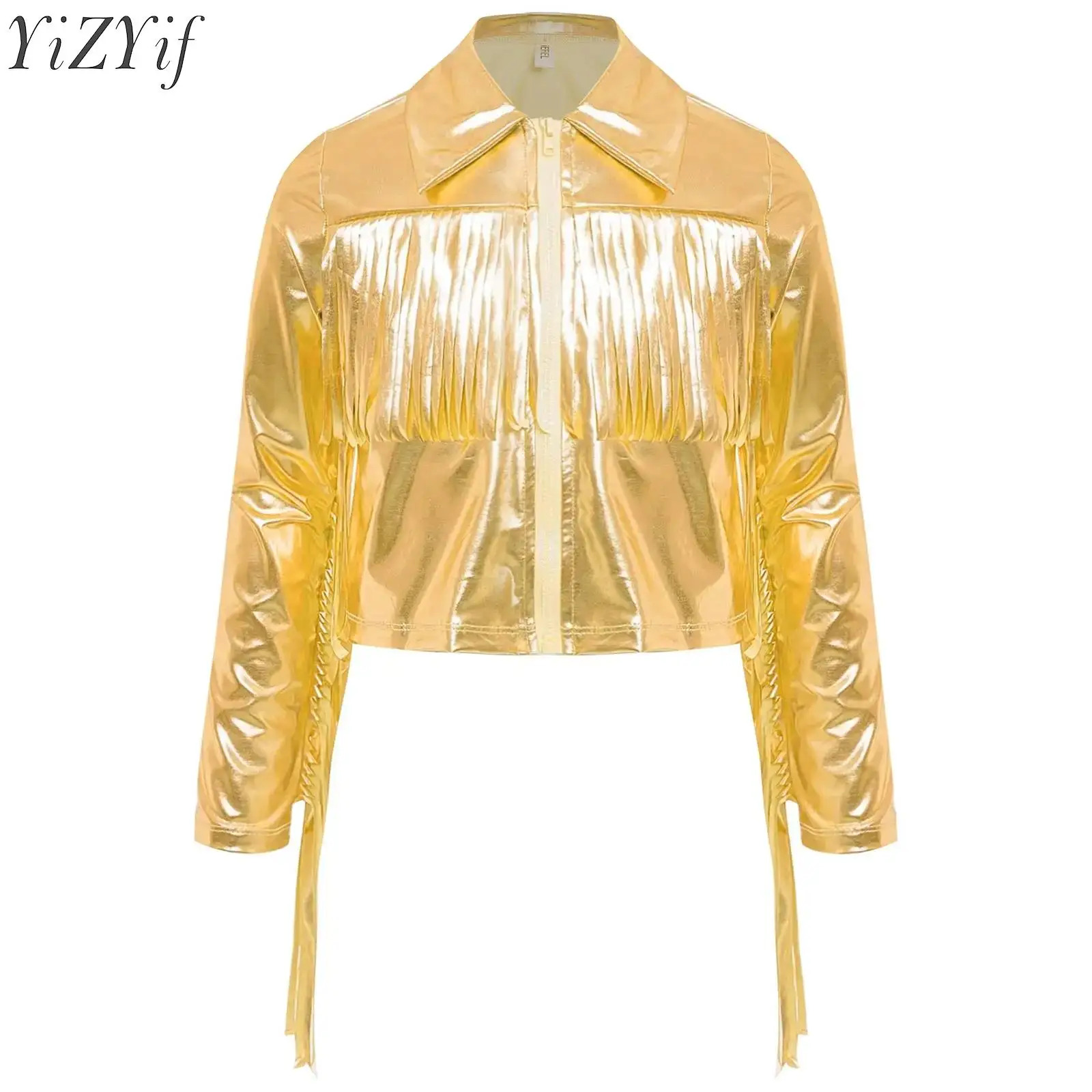 

Kids Girls Shiny Jacket Baseball Coat Long Sleeve Front Zip Up Fringe Outerwear Jazz Modern Dancing Party Performance Jackets