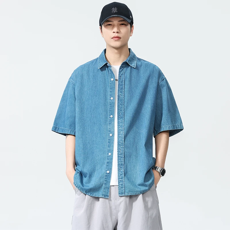 

Men Summer Streetwear Fashion Loose Casual Plus Size Short Sleeve Denim Shirt Cityboy Oversize Jeans Shirts Blouses