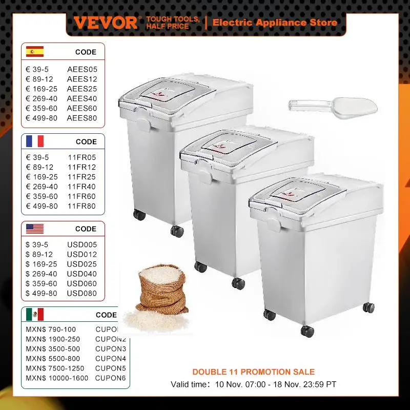 VEVOR-cubo de almacenamiento de ingredientes secos con cuchara, a prueba de polvo, harina de arroz, soja, restaurante, cocina, comercial, 25L