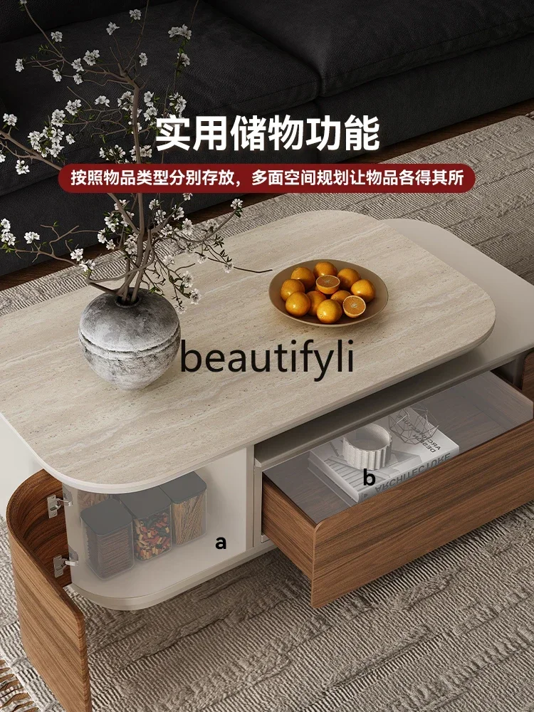 

Retractable cave stone rock slab coffee table small apartment living room home light luxury high-end sense