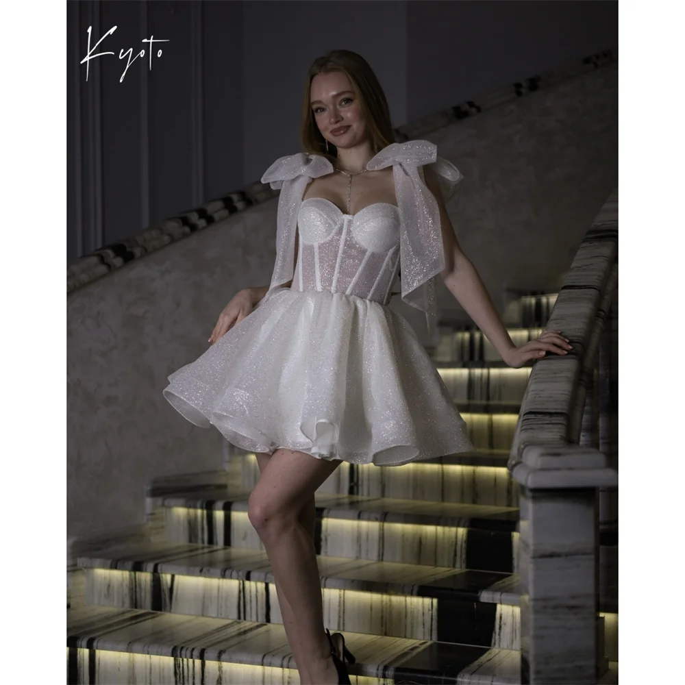 

Kyoto Customized Bow Ribbon Shiny Laces Shoulder Strap Wedding Dress Strapless Ball Gown فستان زفاف Mini A-Line Abito da sposa