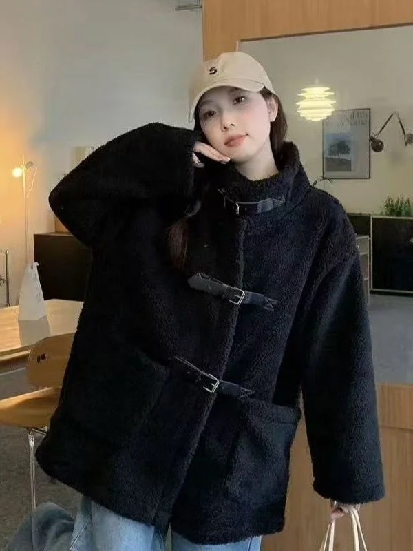 

Lamb Fur Jacket Women Winter New Korean Loose Thickened Medium Length Girls Outerwear Polyester Fiber Long Sleeve Stand Collar