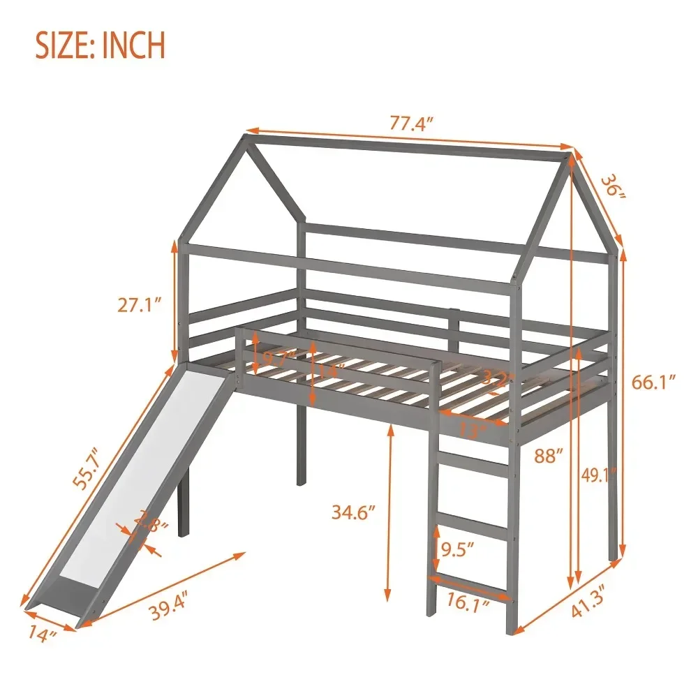 

Twin Loft Bed with Slide, Modern Wood House Loft Bed with Ladder, Low Loft Beds Frame for Kids Girls Boys Teens