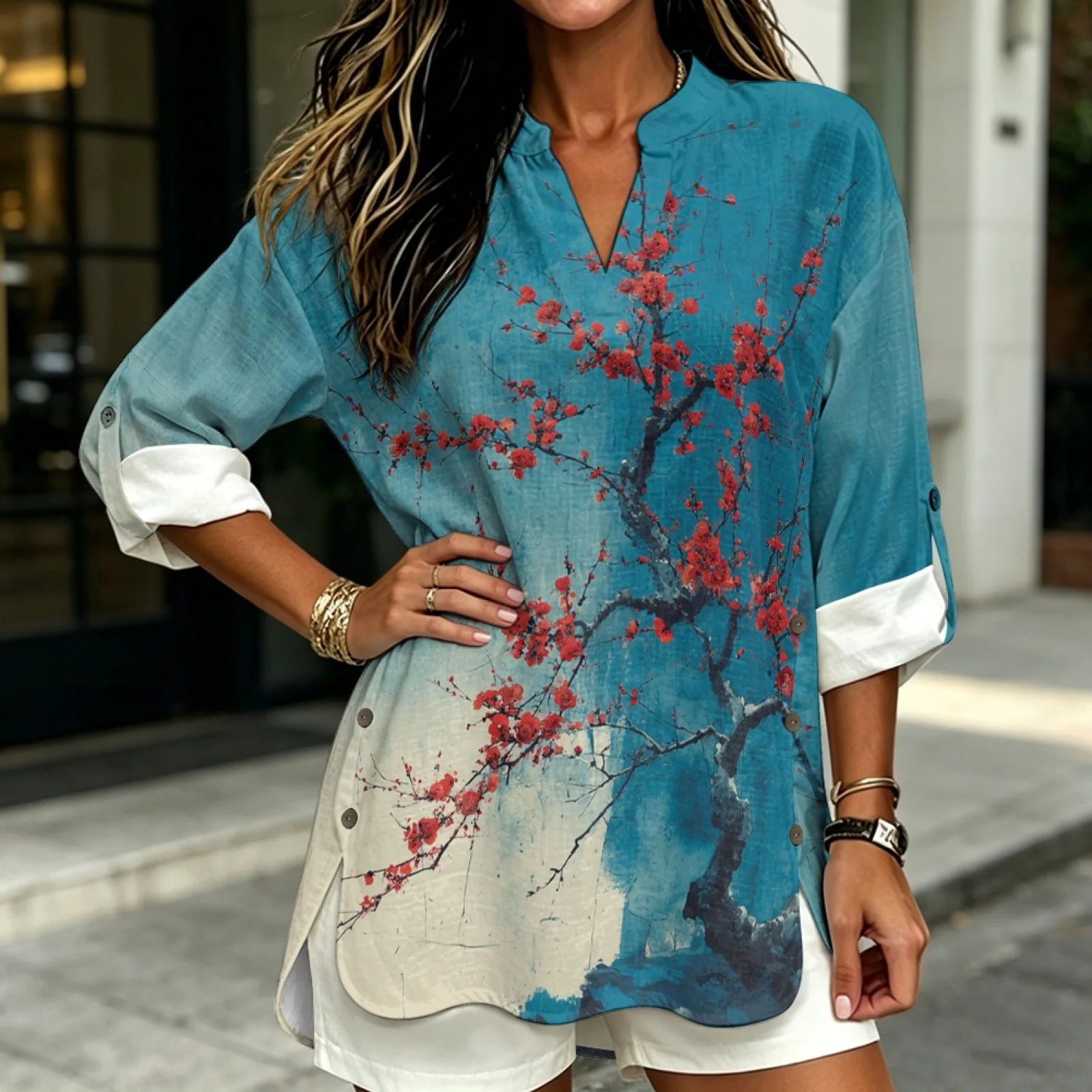 PENSTROLL Blusa de Mujer Tipo Lino con Estampado de Flores Rojas para Vacaciones en la Playa, con Abertura Lateral en el Bajo, Blusas de Manga Larga para Mujer
