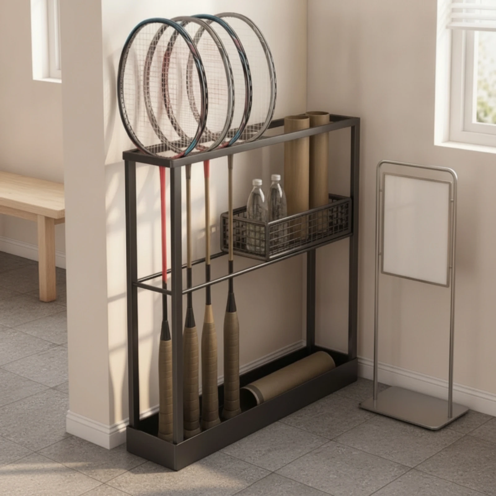 Sports Storage Rack with Basket Narrow Tennis Racket Storage Rack Badminton Racket Holder Metal Organizer Geometric for Players
