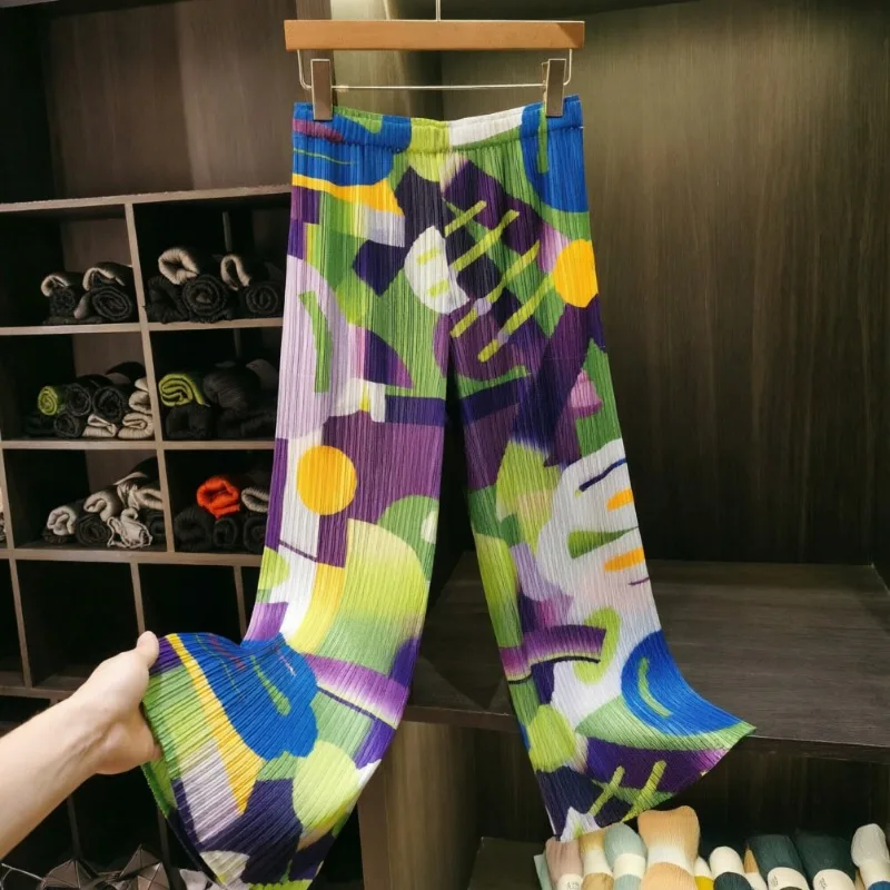 Miyake Pleated Pants 2026 Summer New Artistic Print Fashion Casual Simple Elastic Waist Draped Pocket Straight Pants for Women