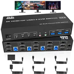 8K@60Hz Displayport +2 HDMI USB3.0 KVM Switch 3 Monitors 4 Computers, 2 HDMI 2.1 + DP 1.4 Triple Monitor KVM Switch for Keyboard