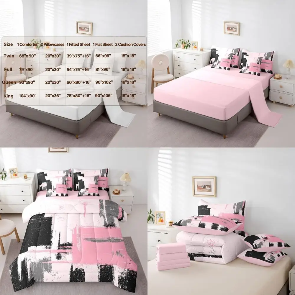 

Современный абстрактный комплект постельного белья розового и черного цвета из 7 предметов в полный размер с одеялом, простынями, наволочками и чехлами