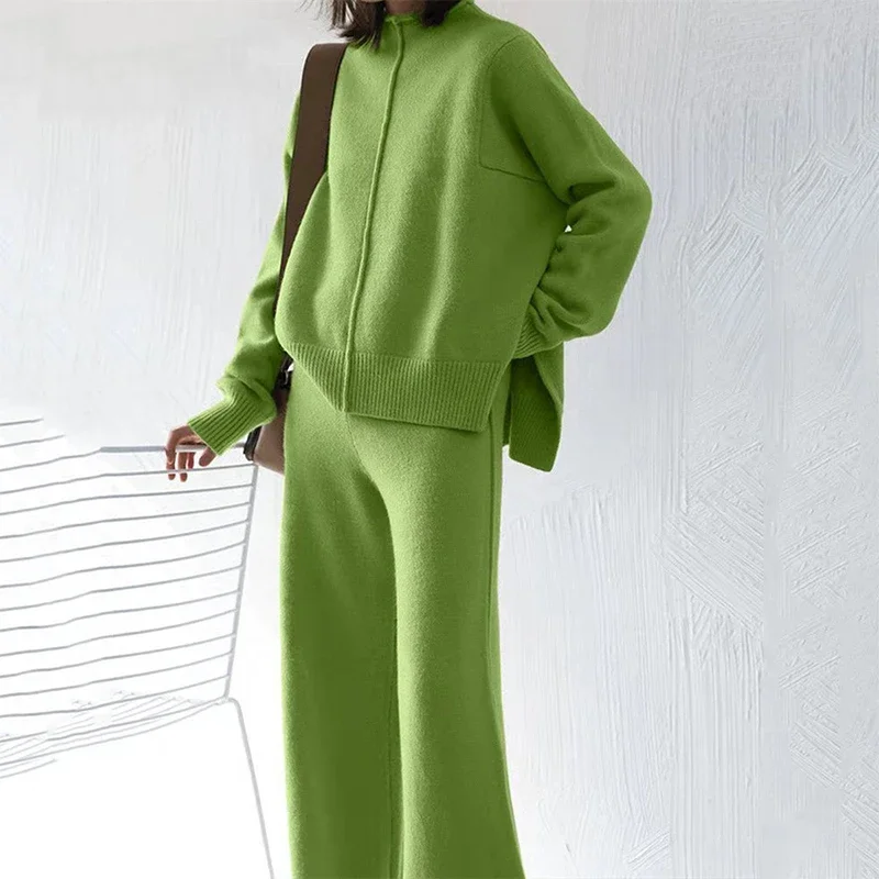 Autumn Winter Fashion Knitted Set Elegant Turtleneck Pullover + Pants Outfits Women Casual Long Sleeve Homewear Solid Loose Suit