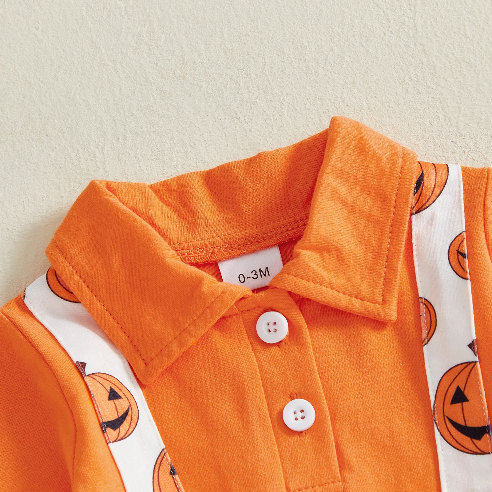 

0-18 Months Baby Boy Halloween Jumpsuit Fashionable Ghost and Pumpkin Pattern Lapel Long Sleeve Rompers