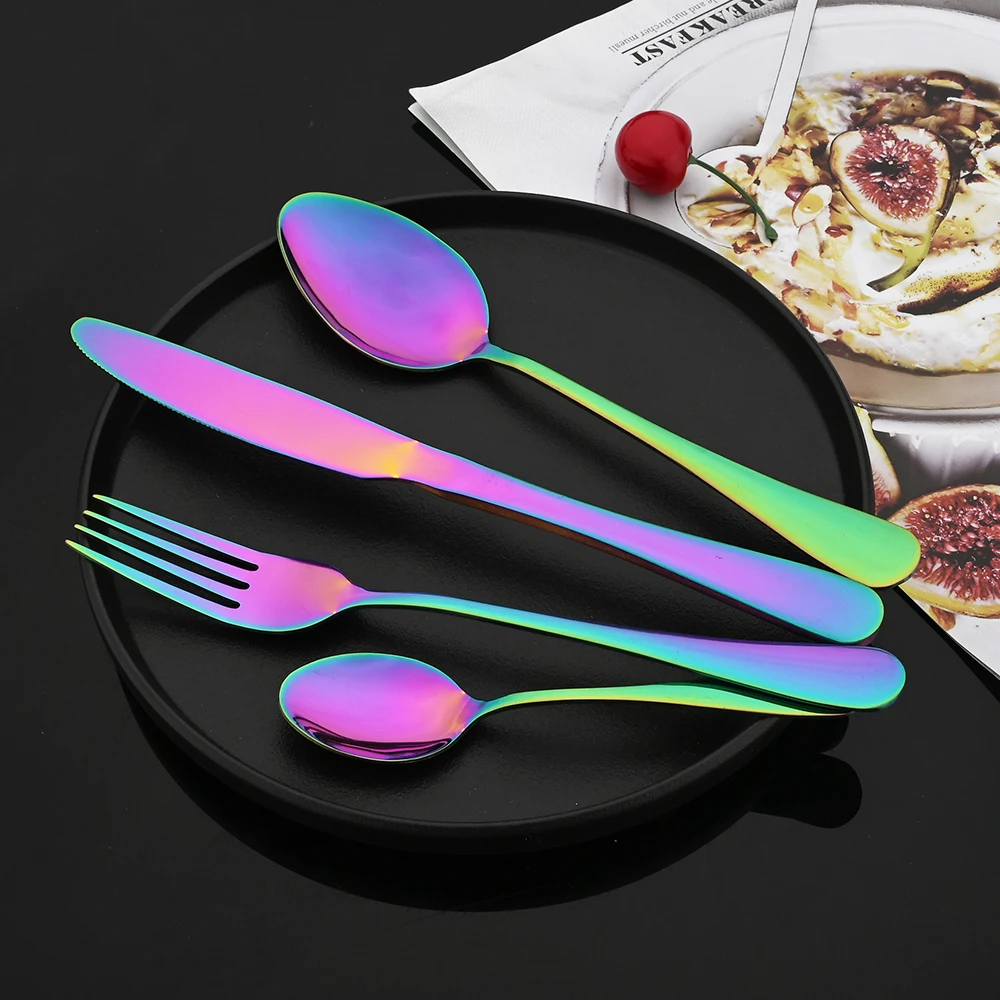 24Pcs Rainbow Dinnerware Set Stainless Steel Cutlery Set Fork Knife Coffee Spoon Tableware Silverware Kitchen Flatware Set