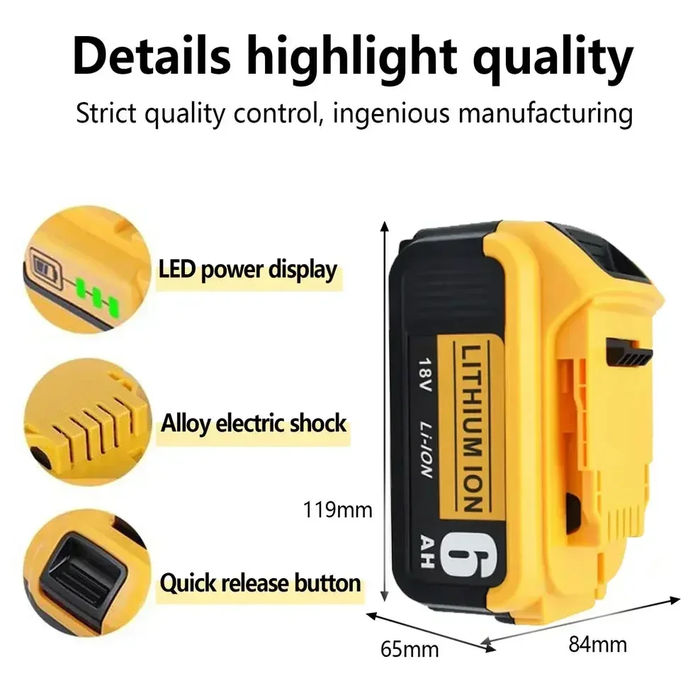 100% Compatible For DeWalt 18V/20V 6000mAh Rechargeable Power Tools Battery with LED Li-ion Replacement DCB205 DCB204-2 DCB206