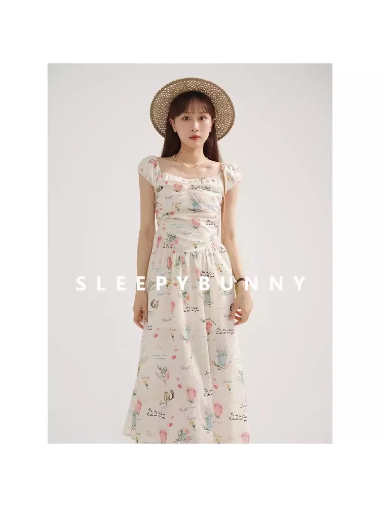 

Vintage Floral Maxi Dress for Women Square Neck Slim Summer Dress with Puff Sleeves Elegant Printed Long Dress Beach Daily Look