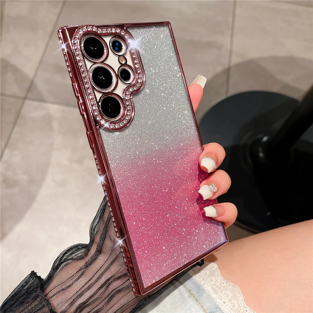 Luxury Plating Glitter Rhinestones Diamond Transparent Phone Case For Samsung S23 Ultra S22 Plus Soft Clear Gradient Color Cover