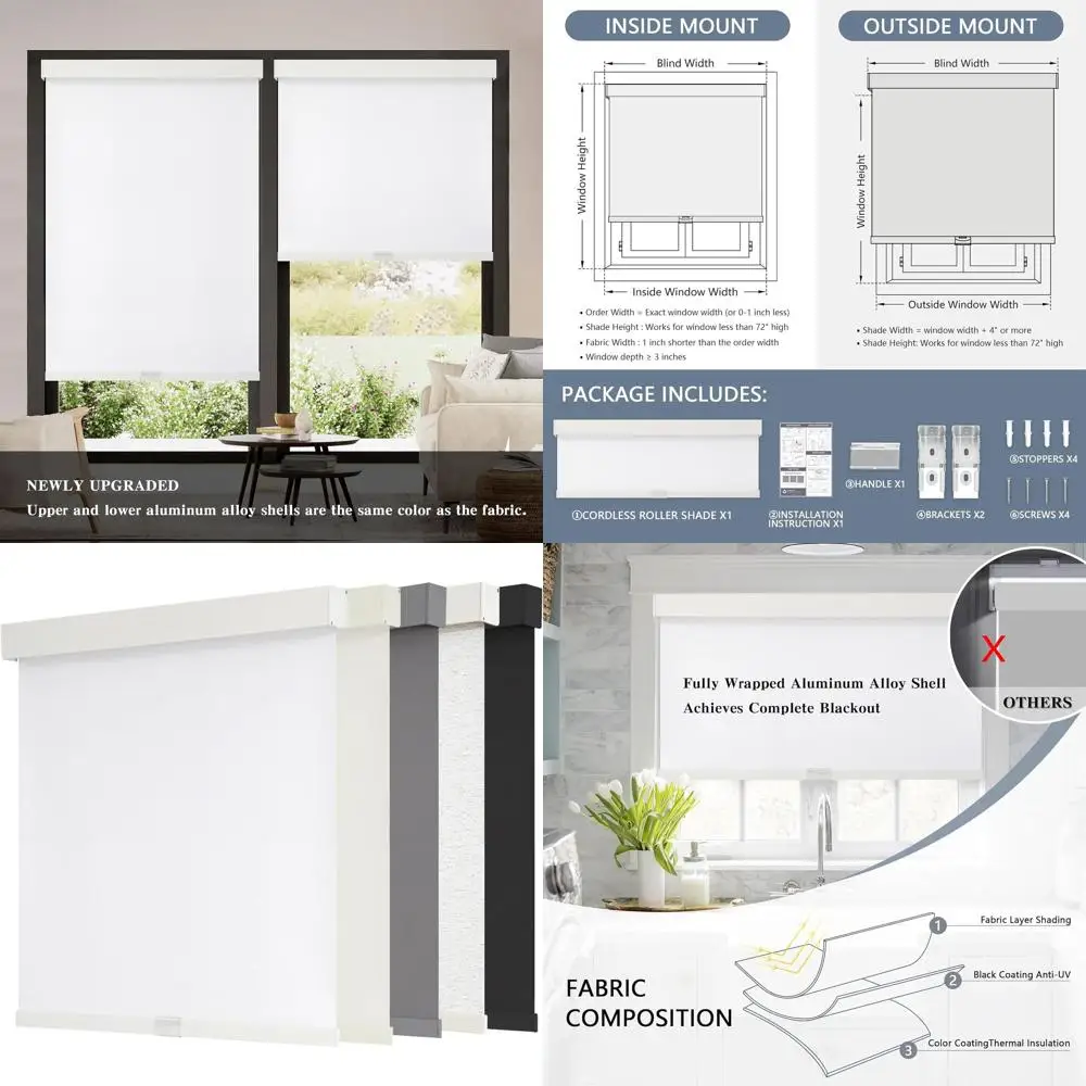 

Cordless Blackout Shades with Valance, Thermal Insulated, UV-Protected Natural Woven Blinds, 46W x 72H, White