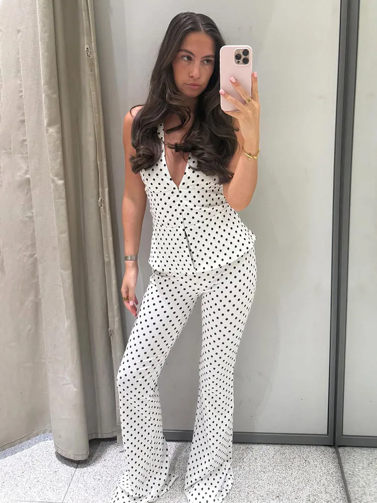 HH Fashion Polka Dots Hosenanzug für Damen mit versteckter Schnalle, sexy rückenfreies, tief ausgeschnittenes Neckholder-Top, Street Casual Stretch Schlaghose