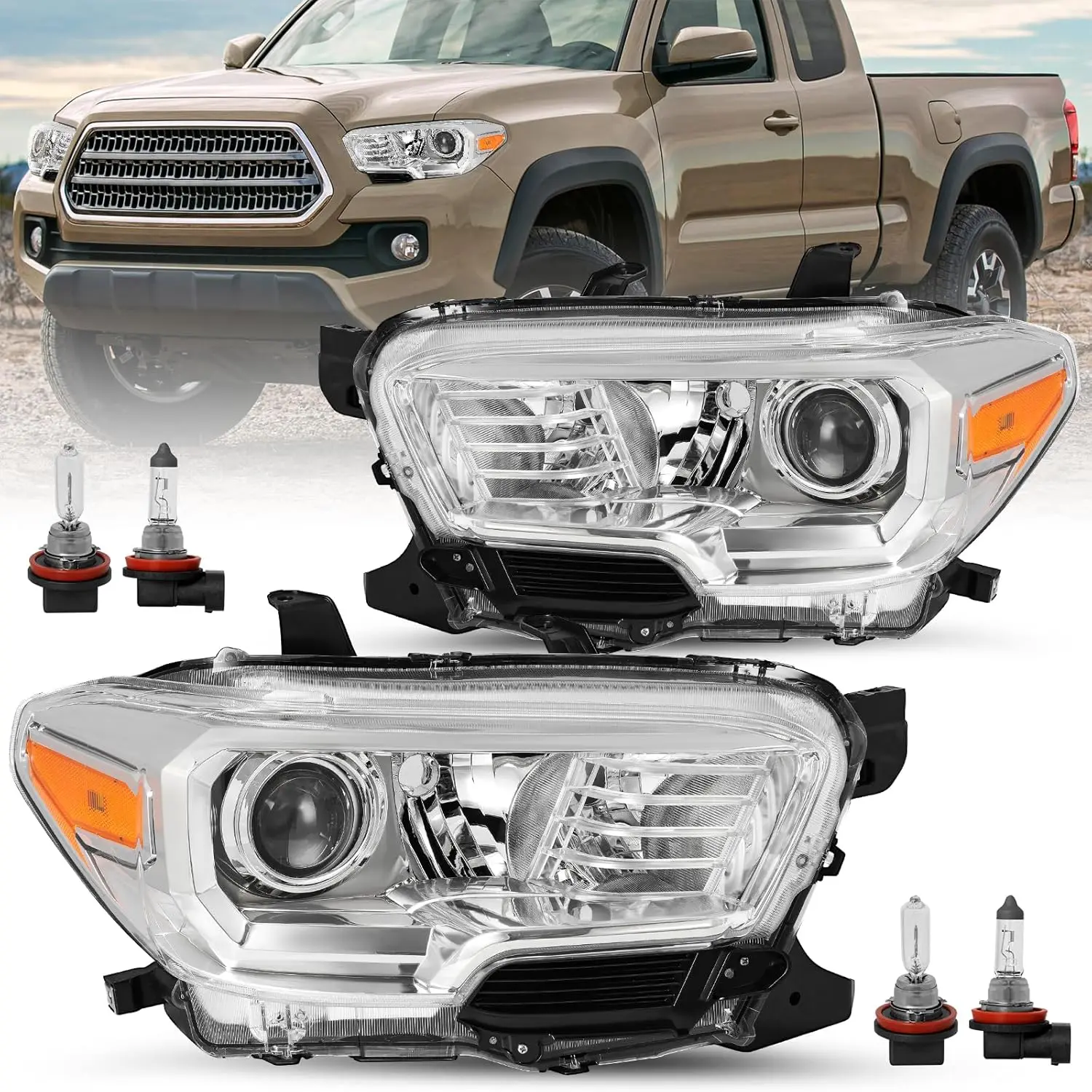 

Headlight Assembly Compatible with 2016-2022 Toyota Tacoma w/o LED DRL, Halogen Headlights Replacement Fit for 16-22 Toyota Taco