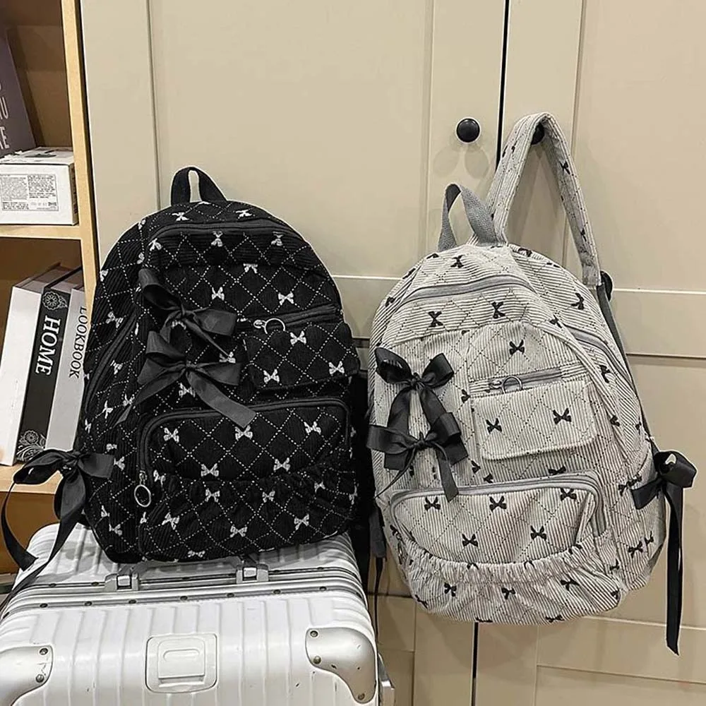 

Daypack Corduroy Bow Backpack Silk Design Casual Students School Bag Polyester Durable Large Capacity Backpack Sweet Girls