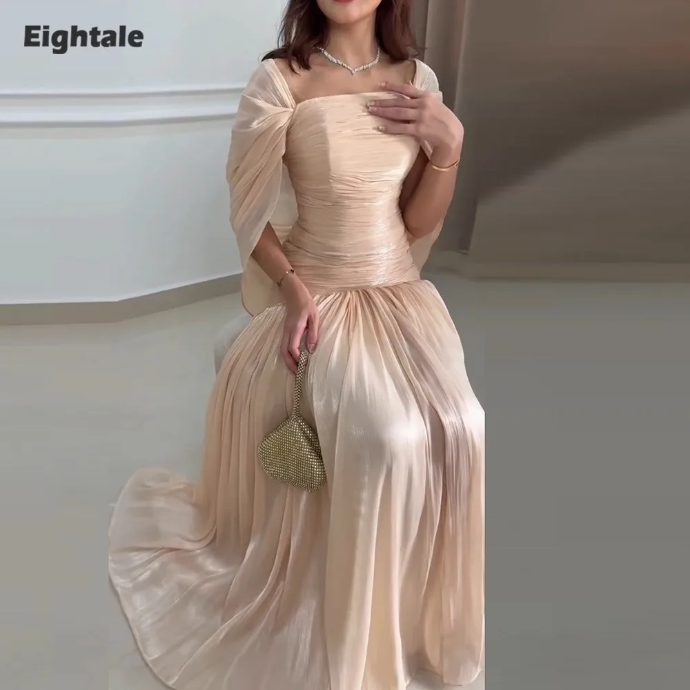 Vestido de noche árabe de Eightale, sin tirantes, plisado, crepé, personalizado, rosa, champán, musulmán, corte en A, vestido de fiesta de graduación y boda