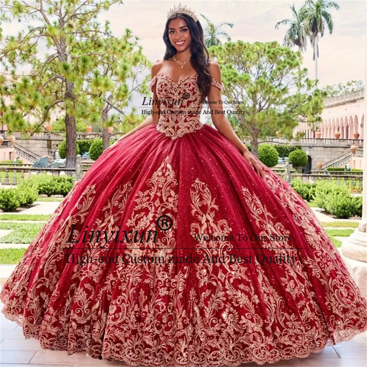 

Мексиканское красное блестящее платье Quinceanera для 16 девочек, золотые аппликации, кружево, бисер, тюль, бальное платье по индивидуальному заказу, милое платье на день рождения 16 15 лет