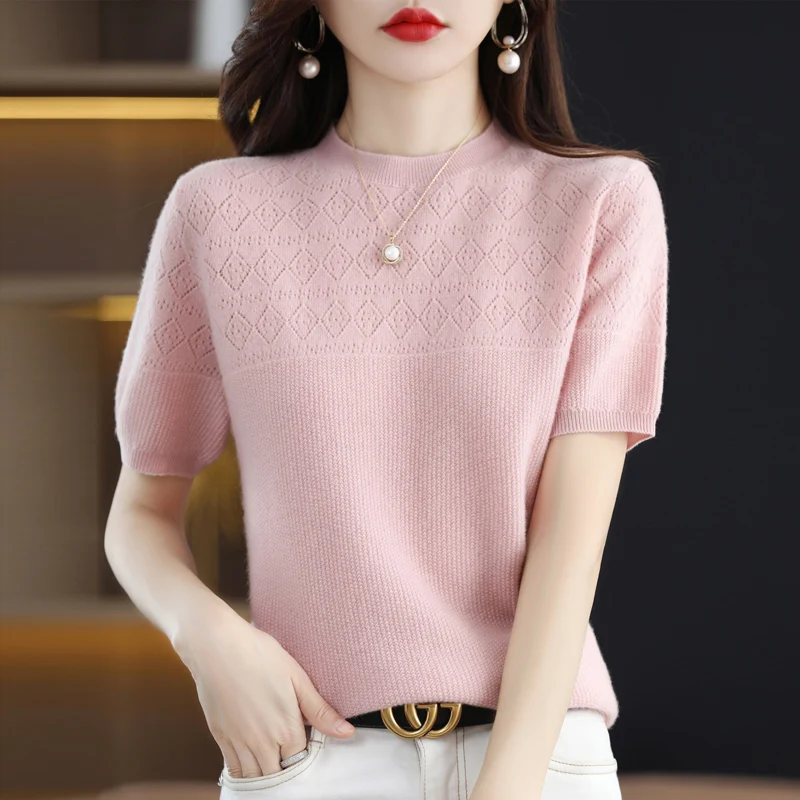 

100% pure wool spring and summer new jacquard solid color short-sleeved T-shirt with knitted bottoming shirt for women.