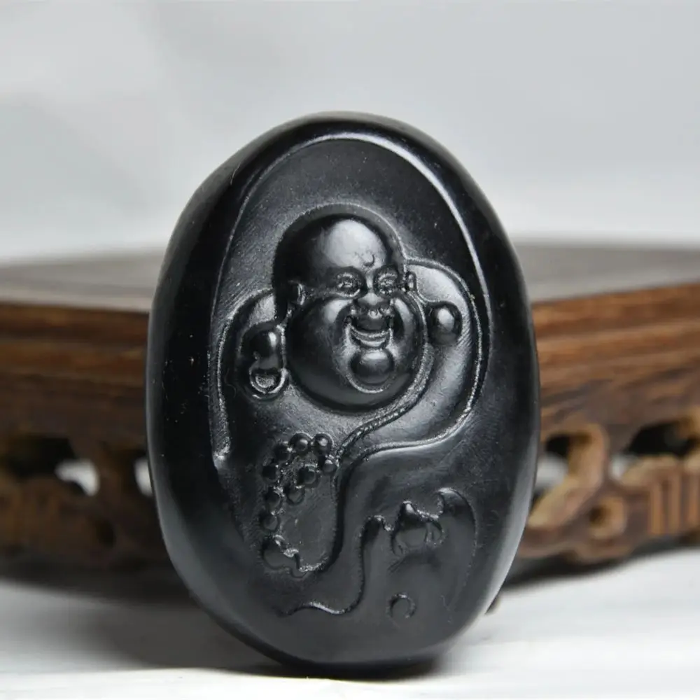 

China Hongshan Culture Black Iron Magnetism Meteorite Sculpture'Maitreya Buddha'Waist Badge/Pendant Handicraft Home Decoration