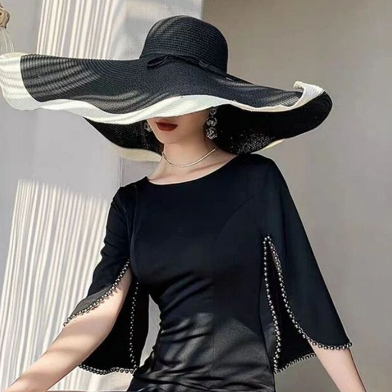 25 cm große Krempe, übergroße Strandhüte für Damen, großer Strohhut, UV-Schutz, faltbarer Sonnenschutzhut – Detail 14