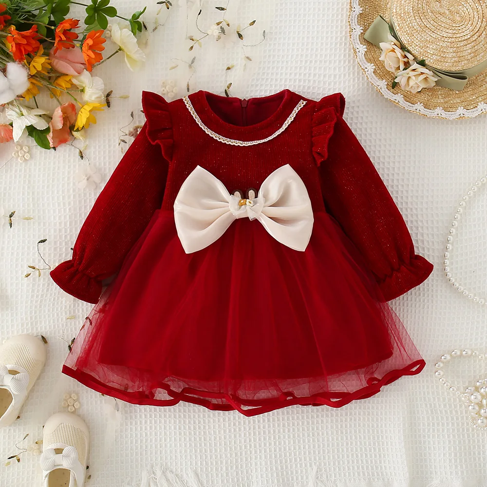 Winter Hard Ah Baby Girl Dress Sweet Princess Dress Bow Solid Color Small Flying Sleeve Trumpet Sleeve Net Yarn Dress