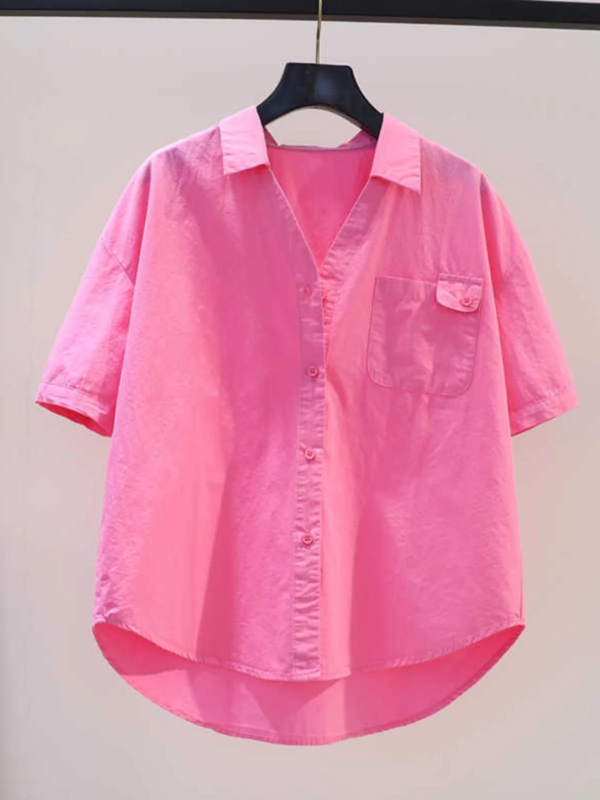 chemise-en-coton-rose-a-manches-courtes-pour-femme-lovent-col-en-v-poche-coupe-ample-decontractee-couleur-unie-polyvalente-avec-pochette-carree