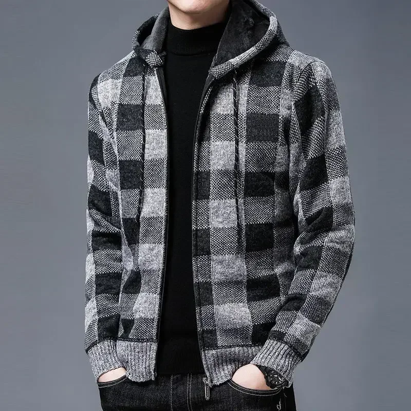 Knitted Sweaters for Men Red Korean Fashion Man Clothes Zip-up Hoodies Coat Cardigan Zipper Jacket Plaid Sweat-shirt Winter 2024