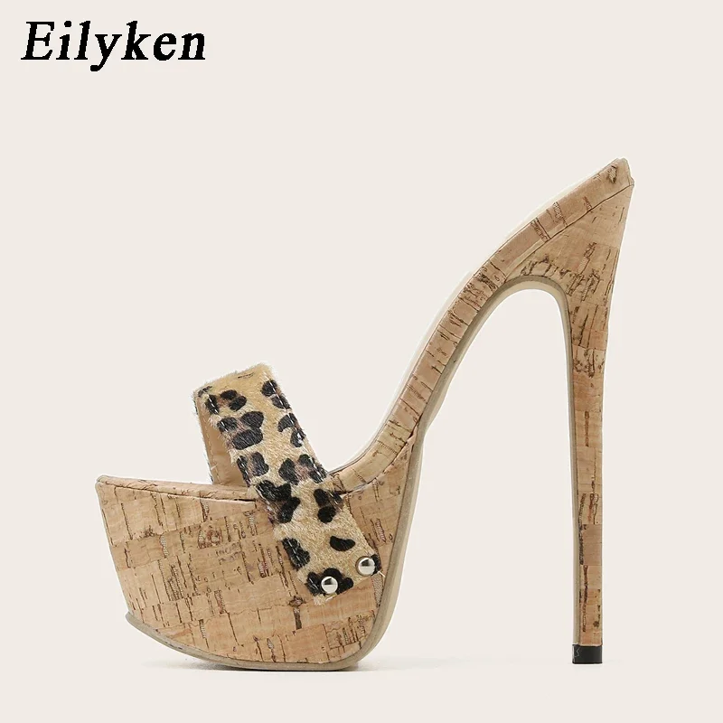 Eilyken Sexy Stiletto High Heels Women Slippers Fashion Platform Leopard Print Open Toe Club Stripper Party Female Pumps