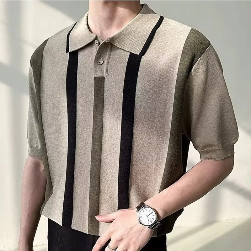 

Summer Men's Striped Knitted Business Polo Shirt Fashionable Casual Contrast Color Lapel Short-Sleeved Knit T-Shirt Slim Tops