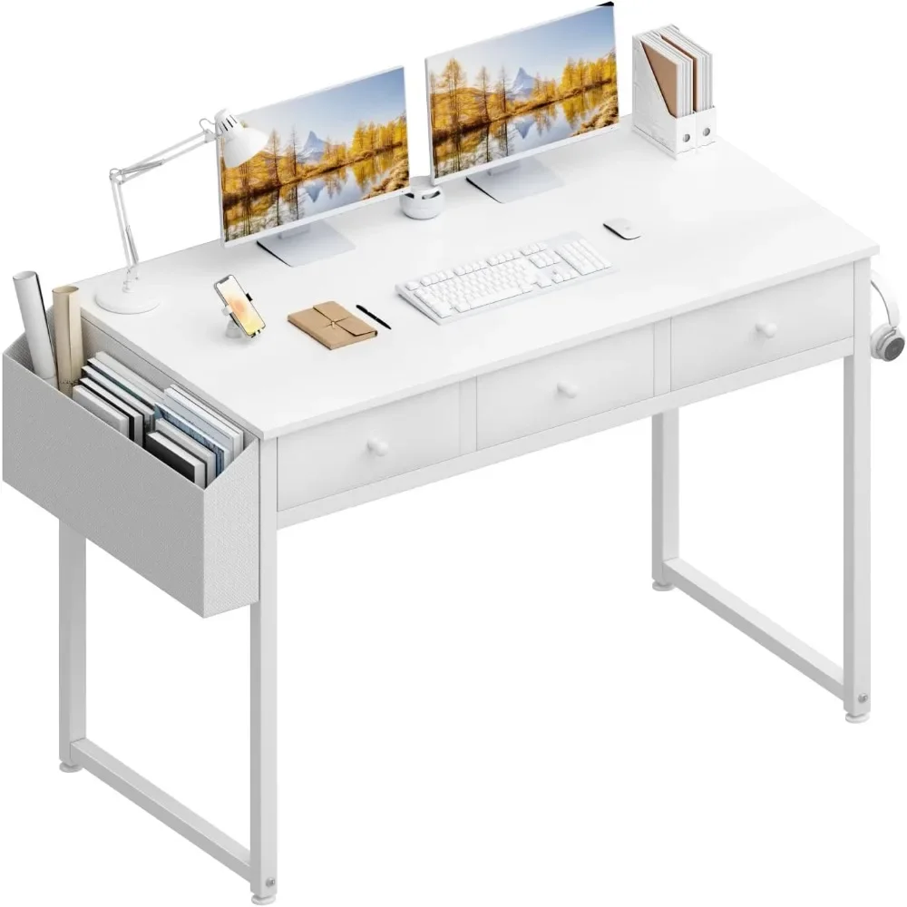 Small White Computer Desk with Fabric Drawers for Home Office Bedroom,  Vanity Desk with Drawer Storage and Side Pouch