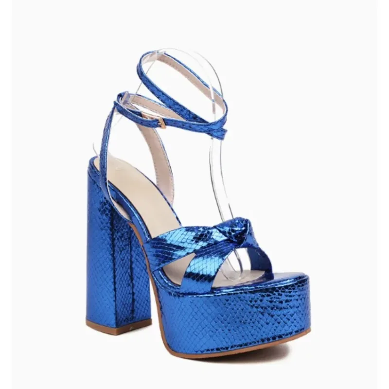 Women\'s Sandals Platform Party Office Pumps PU15CM Square Heel Summer Buckle Strap Tied Round Toe Platform Hate Sky Women Shoes